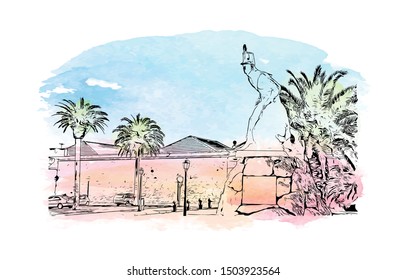 Building view with landmark of Cascais is a coastal resort town in Portugal, Watercolor splash Han drawn sketch illustration in vector.