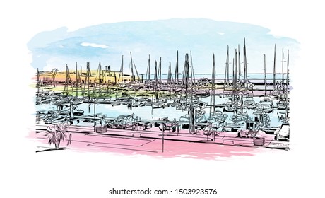 Building view with landmark of Cascais is a coastal resort town in Portugal, Watercolor splash Han drawn sketch illustration in vector.