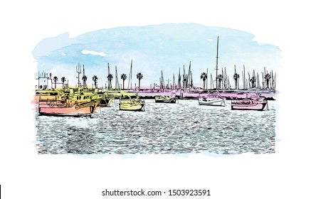 Building view with landmark of Cascais is a coastal resort town in Portugal, Watercolor splash Han drawn sketch illustration in vector.