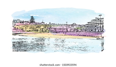 Building view with landmark of Cascais is a coastal resort town in Portugal, Watercolor splash Han drawn sketch illustration in vector.