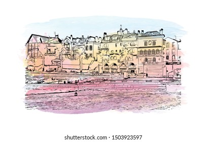 Building view with landmark of Cascais is a coastal resort town in Portugal, Watercolor splash Han drawn sketch illustration in vector.