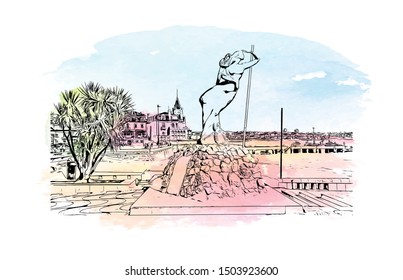 Building view with landmark of Cascais is a coastal resort town in Portugal, Watercolor splash Han drawn sketch illustration in vector.