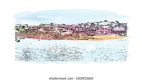 Building view with landmark of Cascais is a coastal resort town in Portugal, Watercolor splash Han drawn sketch illustration in vector.