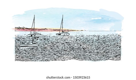 Building view with landmark of Cascais is a coastal resort town in Portugal, Watercolor splash Han drawn sketch illustration in vector.