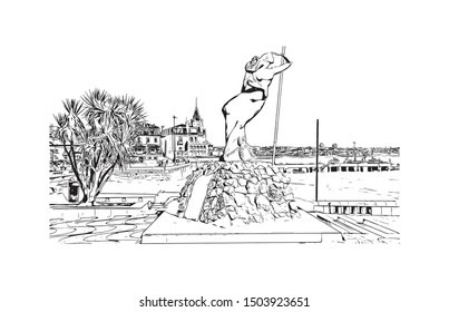 Building view with landmark of Cascais is a coastal resort town in Portugal, Han drawn sketch illustration in vector.