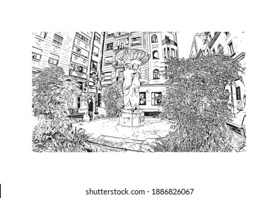 Building view with landmark of Castellon is the
Spanish province. Hand drawn sketch illustration in vector.