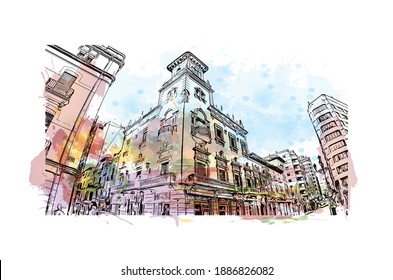 Building view with landmark of Castellon is the
Spanish province. Watercolour splash with hand drawn sketch illustration in vector.