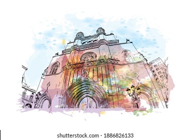 Building view with landmark of Castellon is the
Spanish province. Watercolour splash with hand drawn sketch illustration in vector.