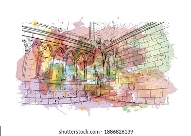 Building view with landmark of Castellon is the
Spanish province. Watercolour splash with hand drawn sketch illustration in vector.