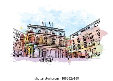 Building view with landmark of Castellon is the
Spanish province. Watercolour splash with hand drawn sketch illustration in vector.