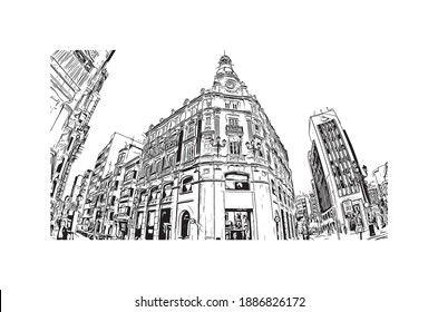 Building view with landmark of Castellon is the
Spanish province. Hand drawn sketch illustration in vector.