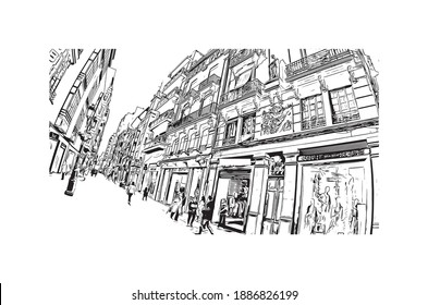 Building view with landmark of Castellon is the
Spanish province. Hand drawn sketch illustration in vector.