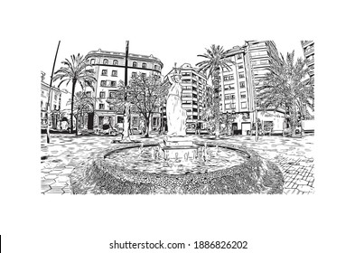 Building view with landmark of Castellon is the
Spanish province. Hand drawn sketch illustration in vector.