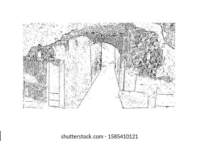 Building view with landmark of Catania is an ancient port city on Sicily's east coast. Hand drawn sketch illustration in vector.