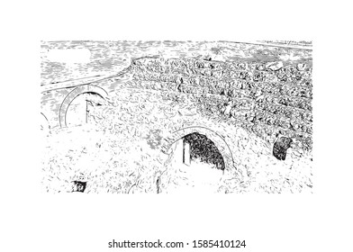 Building view with landmark of Catania is an ancient port city on Sicily's east coast. Hand drawn sketch illustration in vector.