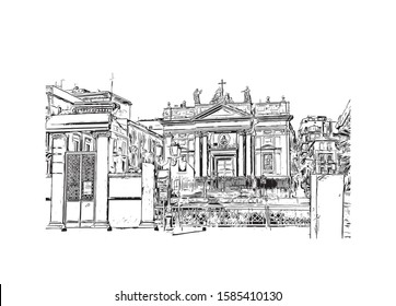 Building view with landmark of Catania is an ancient port city on Sicily's east coast. Hand drawn sketch illustration in vector.