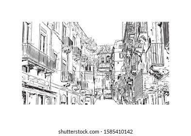 Building view with landmark of Catania is an ancient port city on Sicily's east coast. Hand drawn sketch illustration in vector.