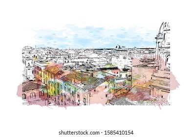 Building view with landmark of Catania is an ancient port city on Sicily's east coast. Watercolor splash with Hand drawn sketch illustration in vector.