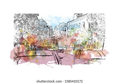 Building view with landmark of Catania is an ancient port city on Sicily's east coast. Watercolor splash with Hand drawn sketch illustration in vector.