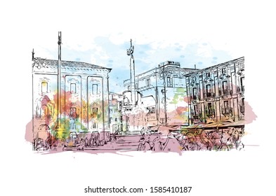 Building view with landmark of Catania is an ancient port city on Sicily's east coast. Watercolor splash with Hand drawn sketch illustration in vector.