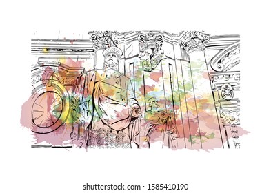 Building view with landmark of Catania is an ancient port city on Sicily's east coast. Watercolor splash with Hand drawn sketch illustration in vector.