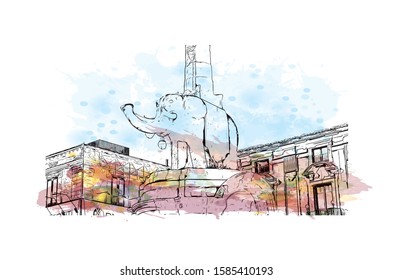 Building view with landmark of Catania is an ancient port city on Sicily's east coast. Watercolor splash with Hand drawn sketch illustration in vector.