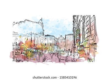 Building view with landmark of Catania is an ancient port city on Sicily's east coast. Watercolor splash with Hand drawn sketch illustration in vector.