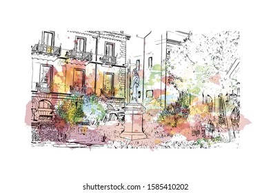 Building view with landmark of Catania is an ancient port city on Sicily's east coast. Watercolor splash with Hand drawn sketch illustration in vector.