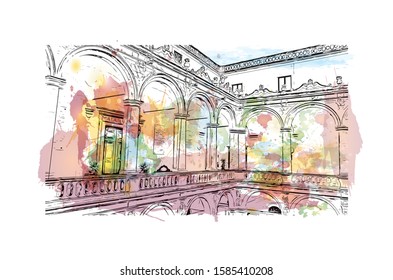 Building view with landmark of Catania is an ancient port city on Sicily's east coast. Watercolor splash with Hand drawn sketch illustration in vector.
