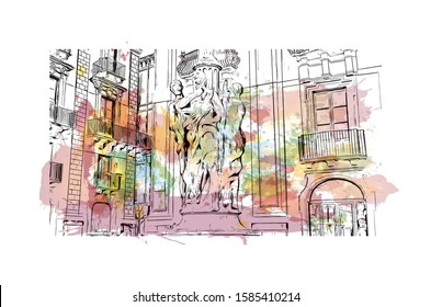 Building view with landmark of Catania is an ancient port city on Sicily's east coast. Watercolor splash with Hand drawn sketch illustration in vector.