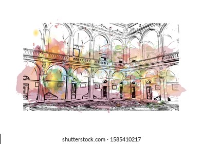 Building view with landmark of Catania is an ancient port city on Sicily's east coast. Watercolor splash with Hand drawn sketch illustration in vector.