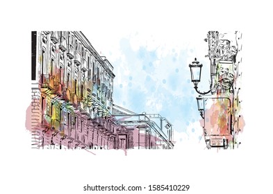 Building view with landmark of Catania is an ancient port city on Sicily's east coast. Watercolor splash with Hand drawn sketch illustration in vector.