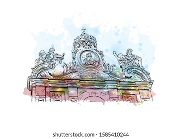 Building view with landmark of Catania is an ancient port city on Sicily's east coast. Watercolor splash with Hand drawn sketch illustration in vector.