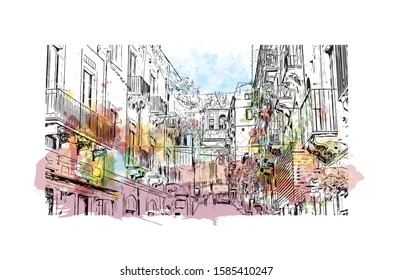 Building view with landmark of Catania is an ancient port city on Sicily's east coast. Watercolor splash with Hand drawn sketch illustration in vector.