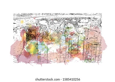 Building view with landmark of Catania is an ancient port city on Sicily's east coast. Watercolor splash with Hand drawn sketch illustration in vector.