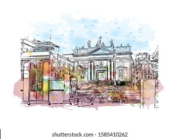 Building view with landmark of Catania is an ancient port city on Sicily's east coast. Watercolor splash with Hand drawn sketch illustration in vector.