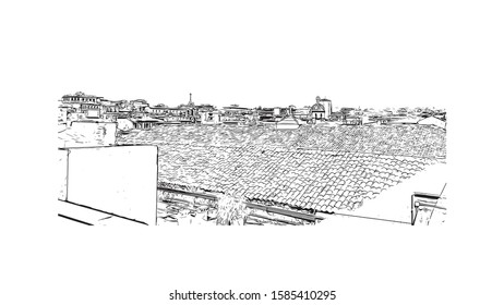 Building view with landmark of Catania is an ancient port city on Sicily's east coast. Hand drawn sketch illustration in vector.