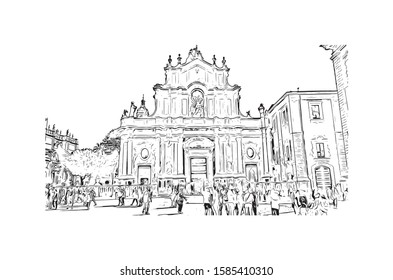 Building view with landmark of Catania is an ancient port city on Sicily's east coast. Hand drawn sketch illustration in vector.