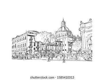 Building view with landmark of Catania is an ancient port city on Sicily's east coast. Hand drawn sketch illustration in vector.