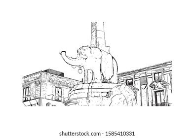 Building view with landmark of Catania is an ancient port city on Sicily's east coast. Hand drawn sketch illustration in vector.
