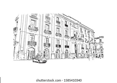 Building view with landmark of Catania is an ancient port city on Sicily's east coast. Hand drawn sketch illustration in vector.