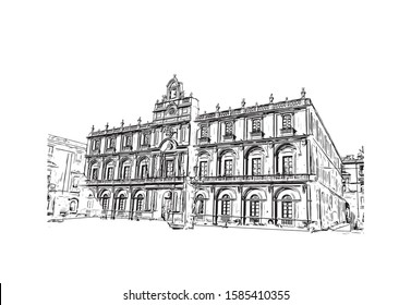Building view with landmark of Catania is an ancient port city on Sicily's east coast. Hand drawn sketch illustration in vector.