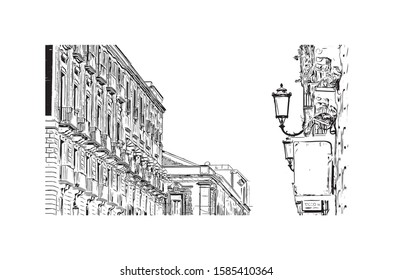 Building view with landmark of Catania is an ancient port city on Sicily's east coast. Hand drawn sketch illustration in vector.