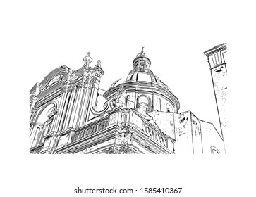 Building view with landmark of Catania is an ancient port city on Sicily's east coast. Hand drawn sketch illustration in vector.