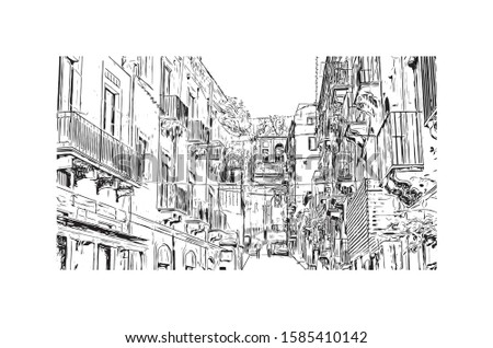 Building view with landmark of Catania is an ancient port city on Sicily's east coast. Hand drawn sketch illustration in vector.