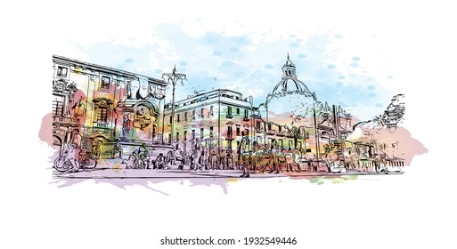 Building view with landmark of Catania is the 
city in Italy. Watercolour splash with hand drawn sketch illustration in vector.