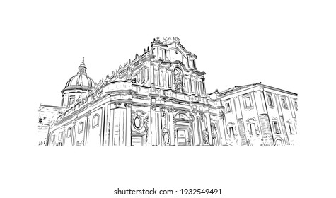 Building view with landmark of Catania is the 
city in Italy. Hand drawn sketch illustration in vector.