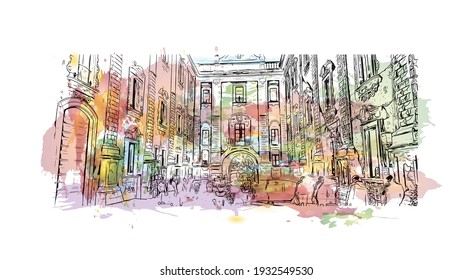 Building view with landmark of Catania is the 
city in Italy. Watercolour splash with hand drawn sketch illustration in vector.
