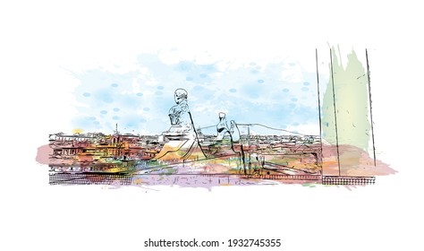 Building view with landmark of Catania is the 
city in Italy. Watercolour splash with hand drawn sketch illustration in vector.