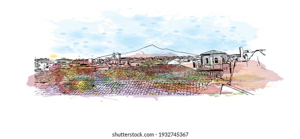 Building view with landmark of Catania is the 
city in Italy. Watercolour splash with hand drawn sketch illustration in vector.